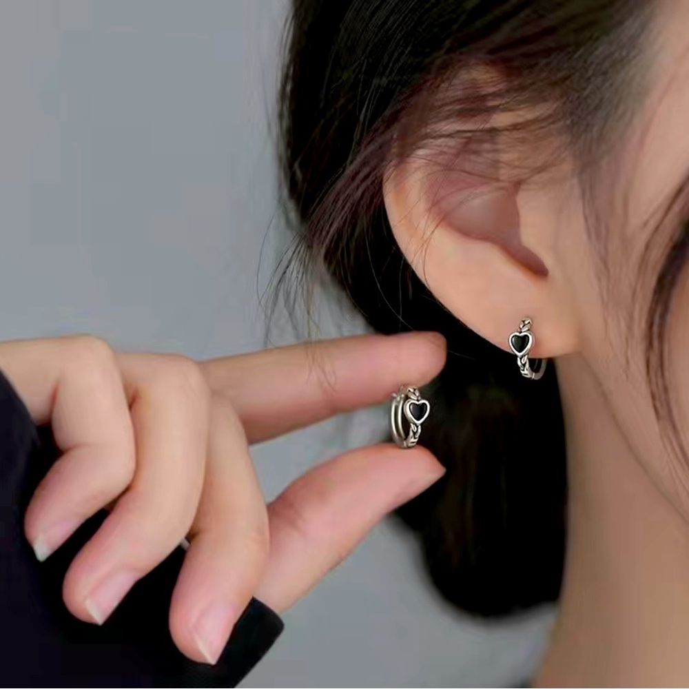 Tiny black enamel heart earrings